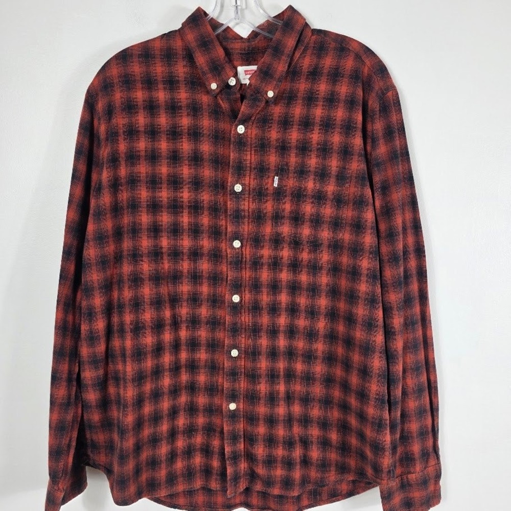 Levi's Button Down Shirt Mens XL Red Black Plaid LS Flannel Cotton‎ Casual